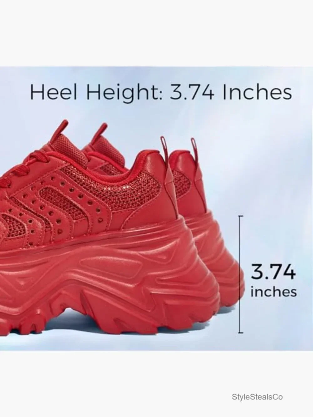 Rhinestone Chunky Platform Sneakers, 3.74 Inch Heel, Lace-Up Walking Shoes - Picture 3 of 7